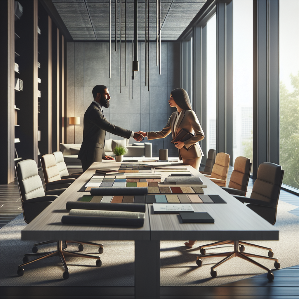 Business professionals discussing flooring projects and material samples