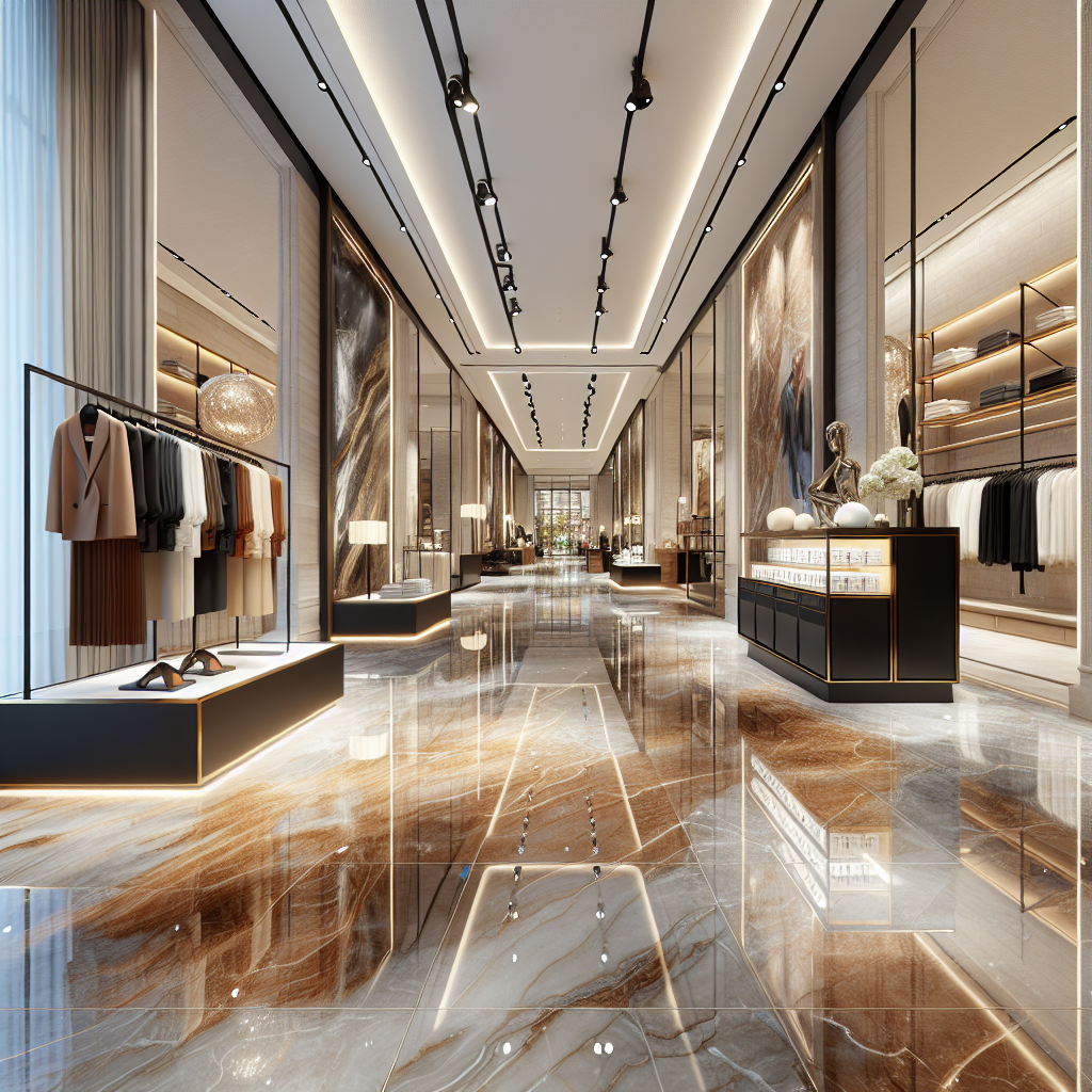 Modern retail store interior with beautiful quartz tile flooring in warm earth tones